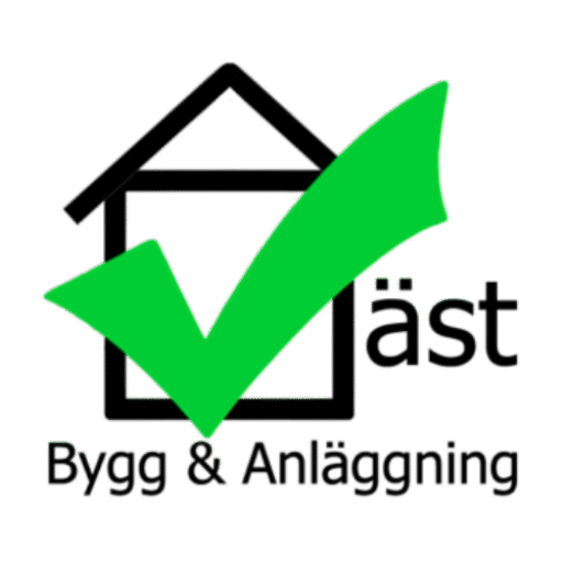 Logotyp för Väst Bygg & Anläggning AB, föreställande ett stiliserat hus i svart med en stor grön checkmark som symboliserar kvalitet och godkänd byggstandard.